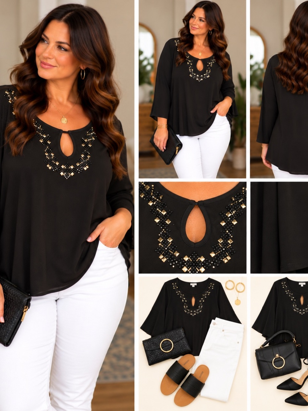 Black Embellished Keyhole Tunic Top XL Gold Studs 3/4 Sleeve